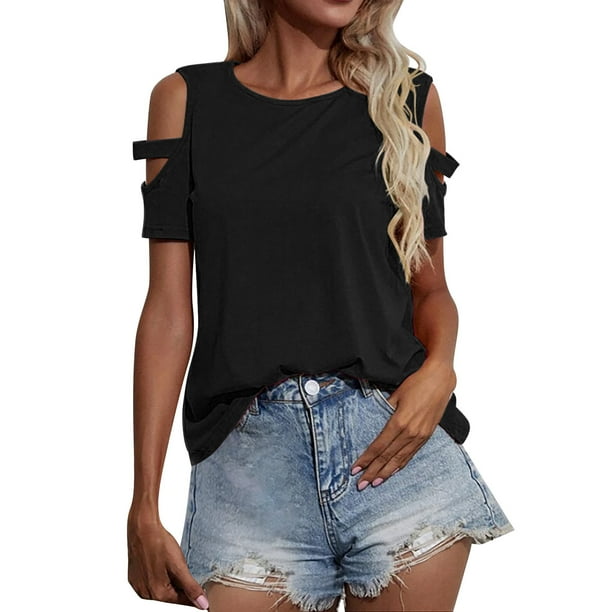 Gibobby Casual Playera de Manga Corta para Mujer Camiseta manga corta con cuello redondo y hombros descubiertos para mujer para uso informal(Negro,XL)