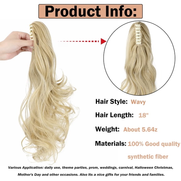 WEIF-Claw Clip Ponytail Extension 18" Clip in Wavy Ponytail Hair Extensions Long Pony Tails for Women Extensions Light Blonde Mix Bleach Blonde Wave Hairpiece