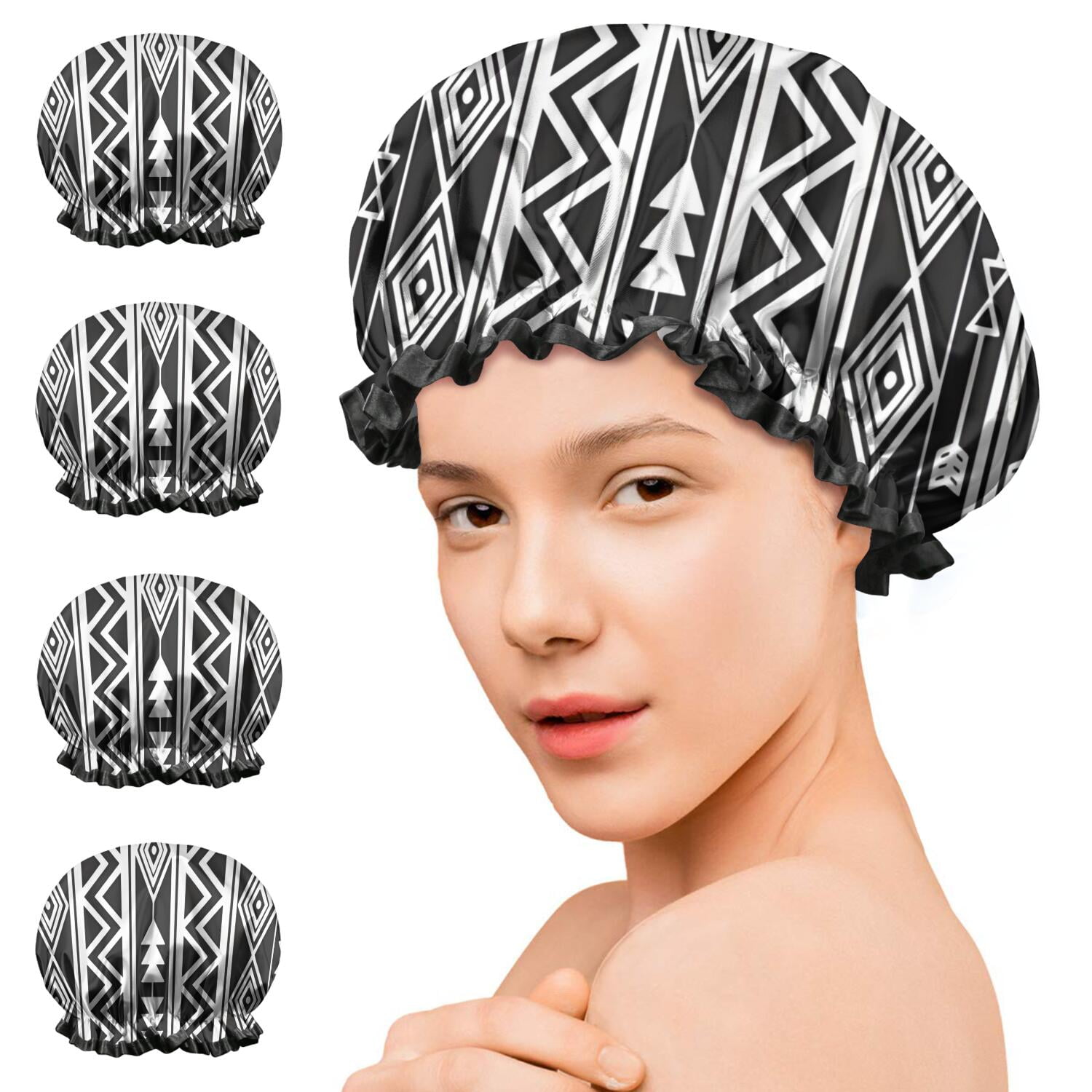 Shower Caps,Black and White Geometric Boho Pattern Waterproof Shower Cap for Women 4 Pieces,Double Reusable Hair Cover for Shower PEVA Elastic Stretch Hem
