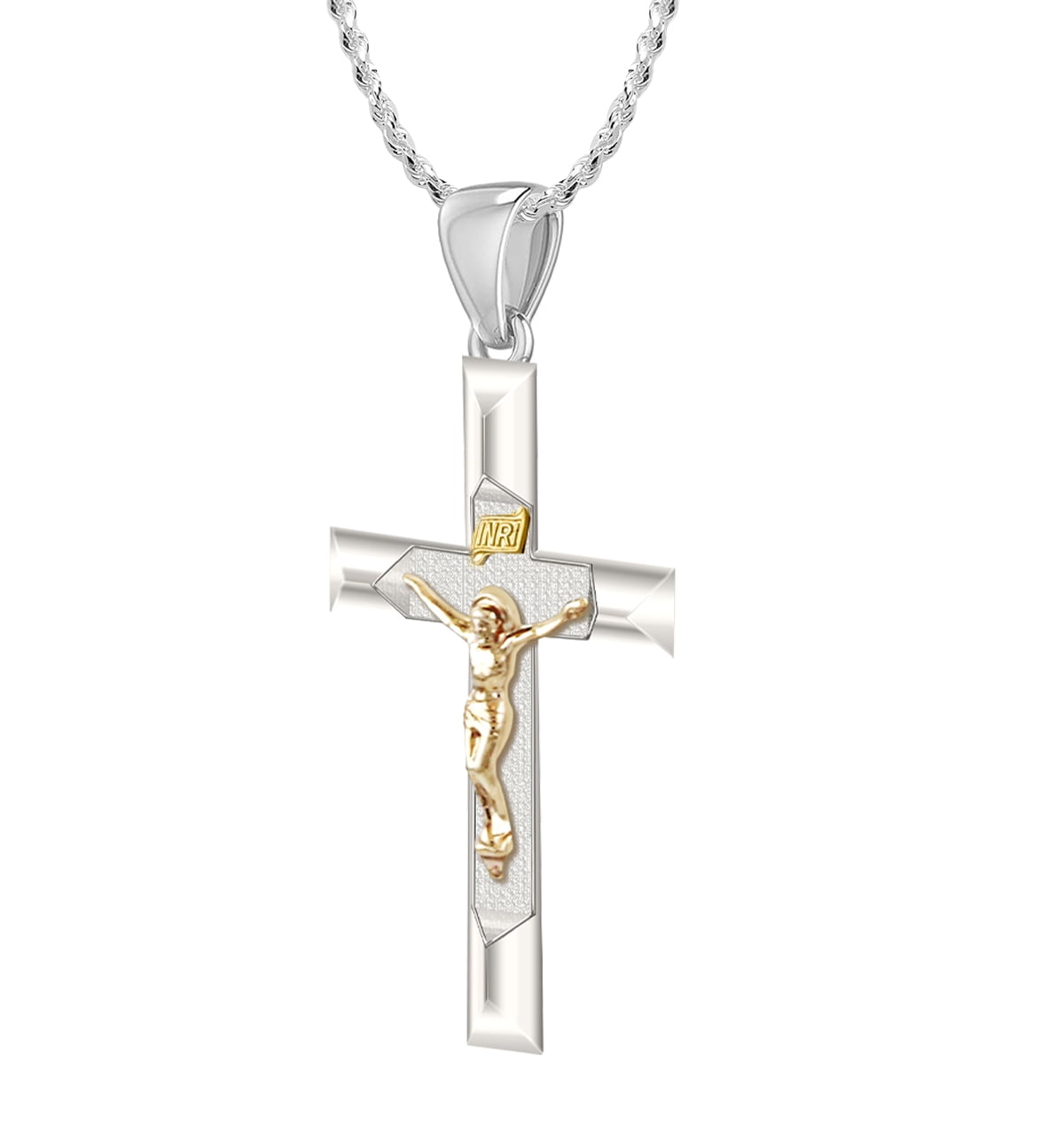 Sterling 925 Silver Gold Plate Crucifix Cross Pendant With Angel on The Back Side 3/4