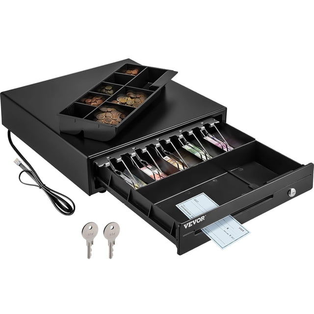 Cash Register Drawer, 13" 12 V, for POS System with 4 Bill 5 Coin Cash Tray, Removable Coin Compartment & 2 Keys Included, RJ11/RJ12 Cable for Supermarket, Bar, Coffee Shop, Restaurant(USD Only)