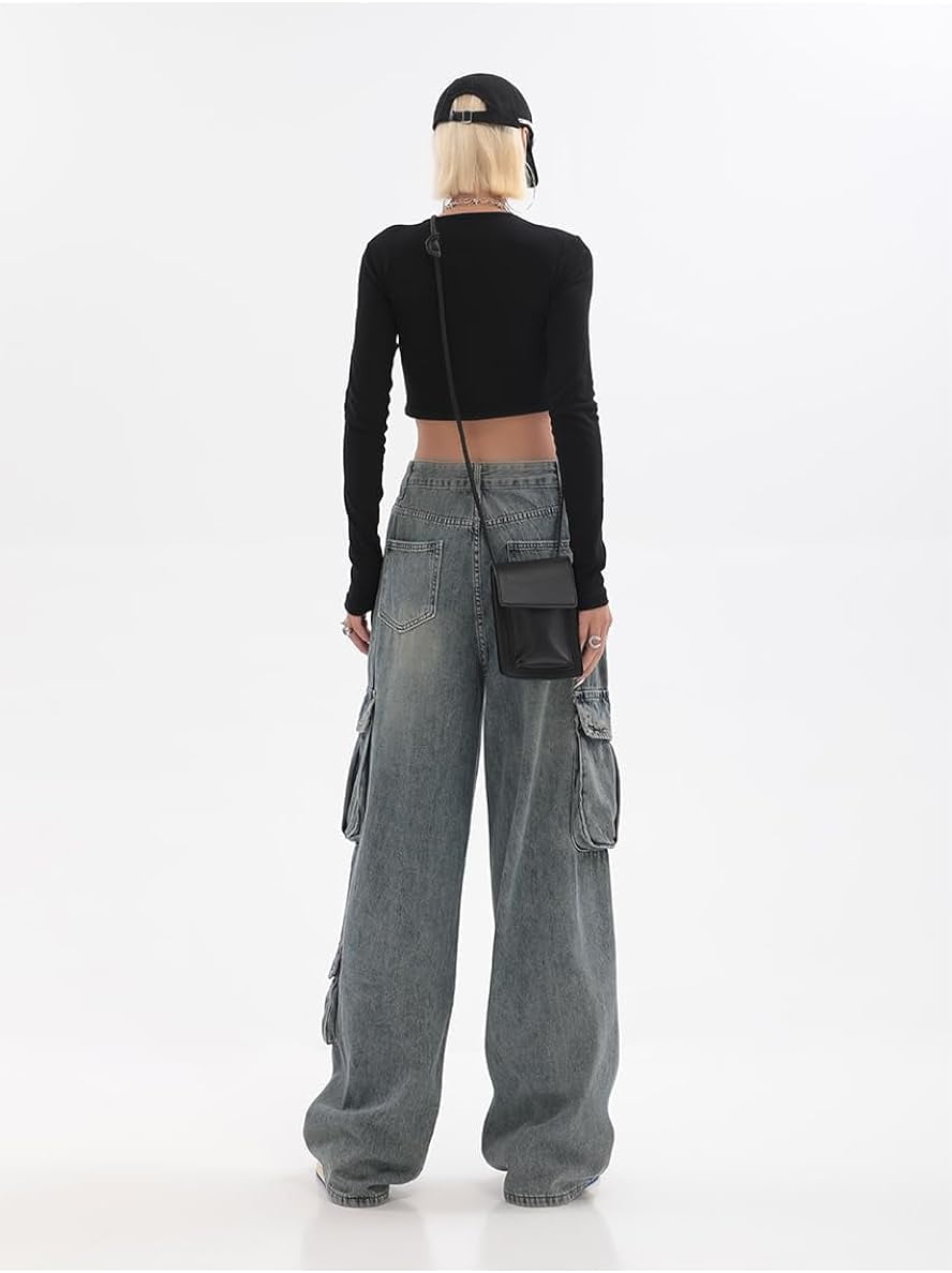 Kukuzhu Baggy Jeans Y2K Emo Denim Pant with Side Pocket