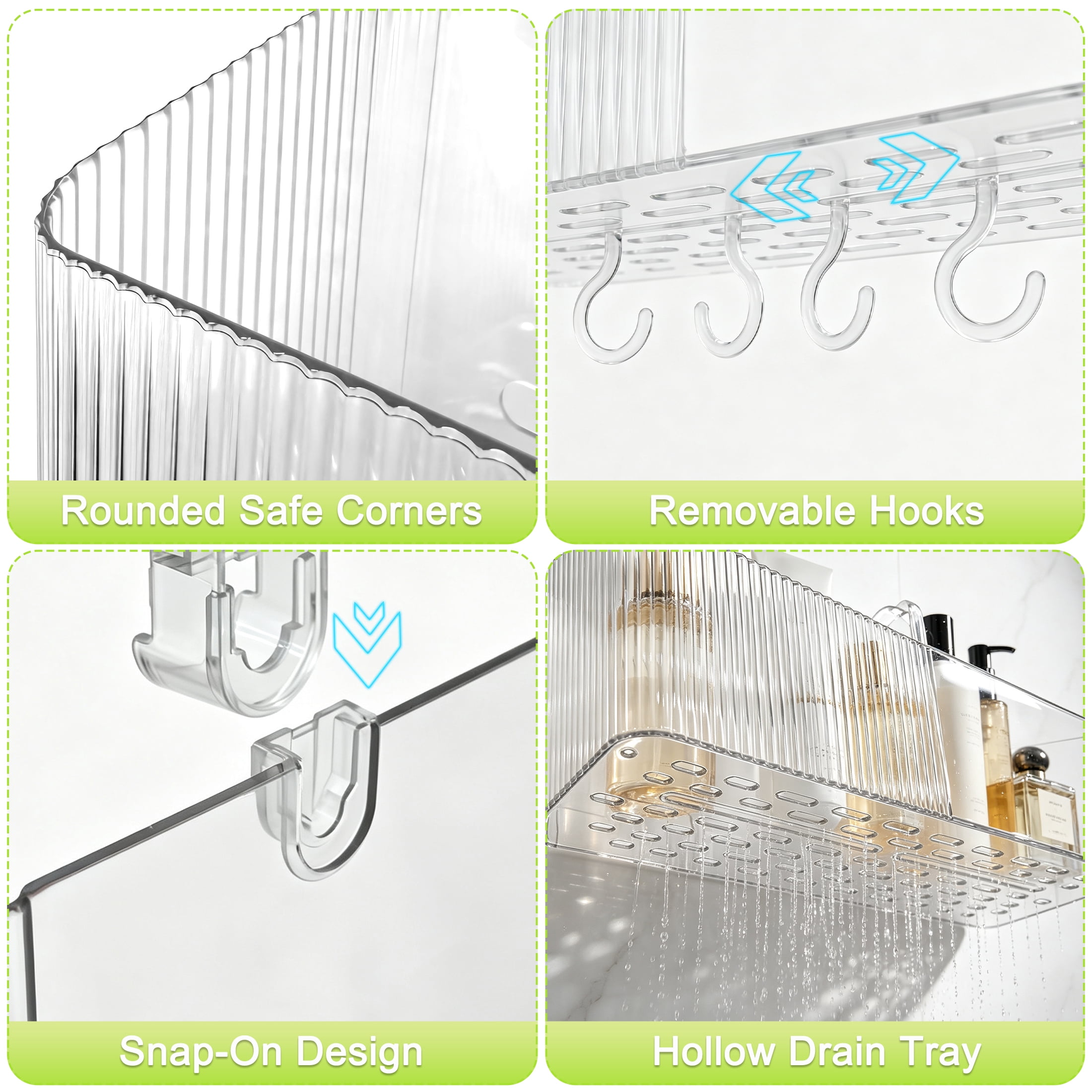 Suction Cup Shower Caddy, Clear Transparent Shower Shelf with Drainage Hole & Removable Hooks, No Drill Wall‑Mounted Bathroom Organizer for Bathroom, Kitchen, Toilet