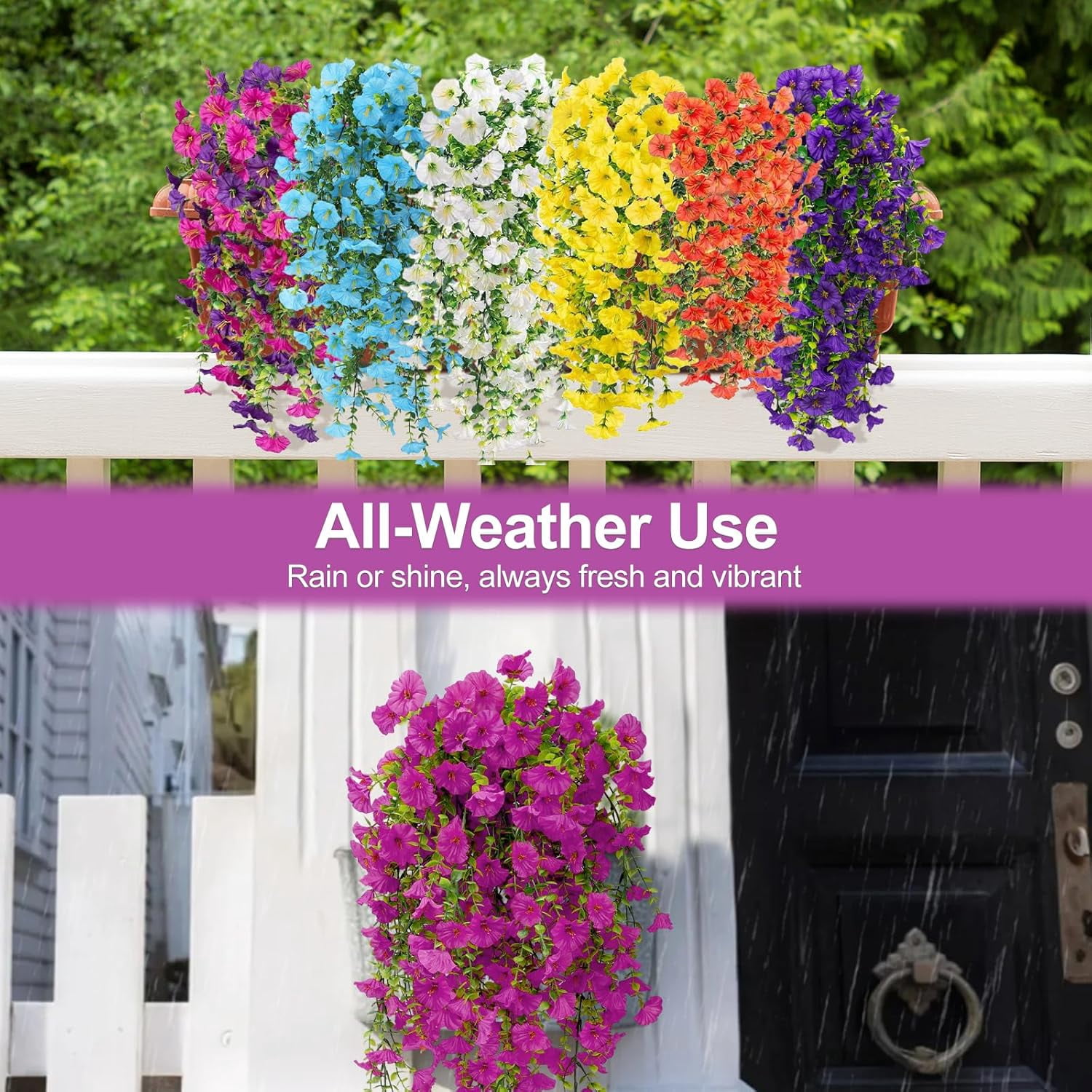 Artificial Flowers for Outdoors Decoration, 4Pcs Fake Hanging Flowers Morning Glory UV & Fading Resistant, Artificial Faux Plants Deocr for Home Porch Patio Balcony Planter Yard Garden Farmhouse