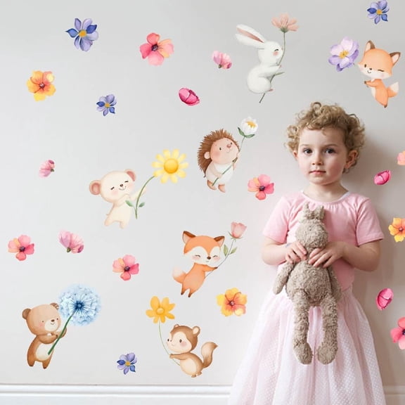 Cartoon Animals Wall StickerAnimals and Flowers Wall Decor Room Art Murals Classroom Decals Peel and Stick Adhesive Sticker