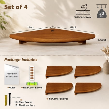 Corner Bookshelf Wall Mounted Set of 4 Wooden Floating Shelves for Nursery Large Wall Shelving Unit for Living Room Bedroom Bathroom Kitchen Office Classroom Walnut Color