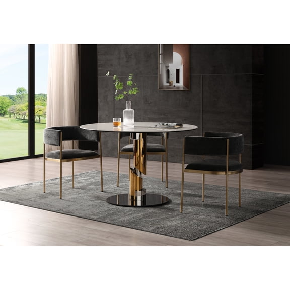 Round Dining Table - Ceramic Top, Gold/Silver Base - Modern Kitchen Table for 4-6 People