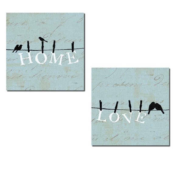 Lovely Light Blue and Black Birds On A Clothesline 'Home' and 'Love' Prints by Pela; Two 12x12in Paper Posters