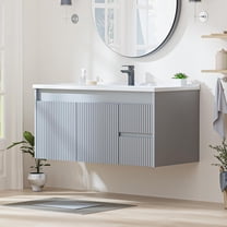Floating Bathroom Vanity with Sink, 40 Inch Wall Mounted Bathroom Vanity with 2 Drawers and Wave-Carved Design Door, Modern Wooden Cabinet with Ceramic Sink and Storage, Grey