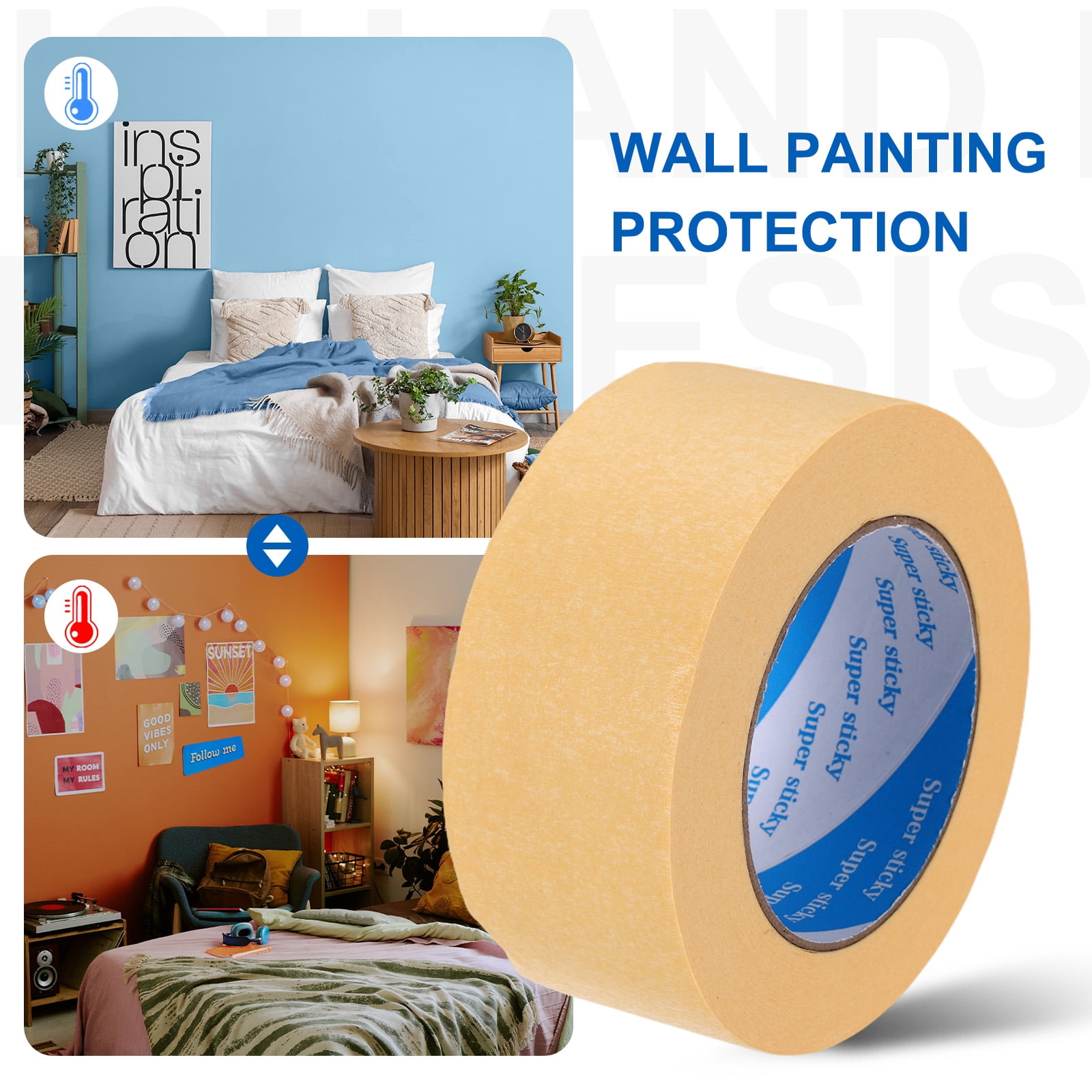 Uxcell Painters Tape, High Temperature Resistant Paint Masking Tape Adhesive for Wall Painting Craft Arts Decoration Drafting Light Yellow 1.97 Inch x 55 Yards