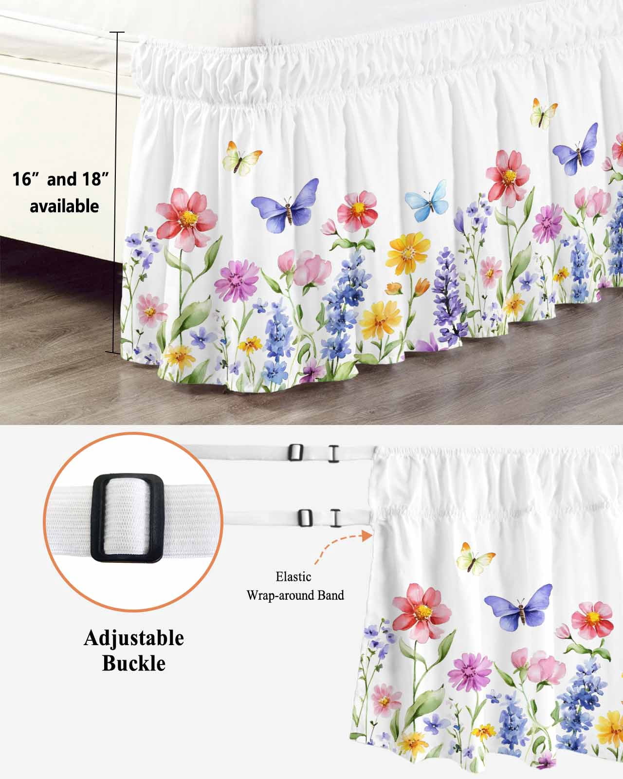 Purple Blue Pink Flower Bed Skirt Wildflower Butterfly Plant Bed Skirts Queen Size 16 Inch Drop, Wrap Around Dust Ruffle&nbsp;Bedskirt with Adjustable Elastic Belt for Queen Size Beds