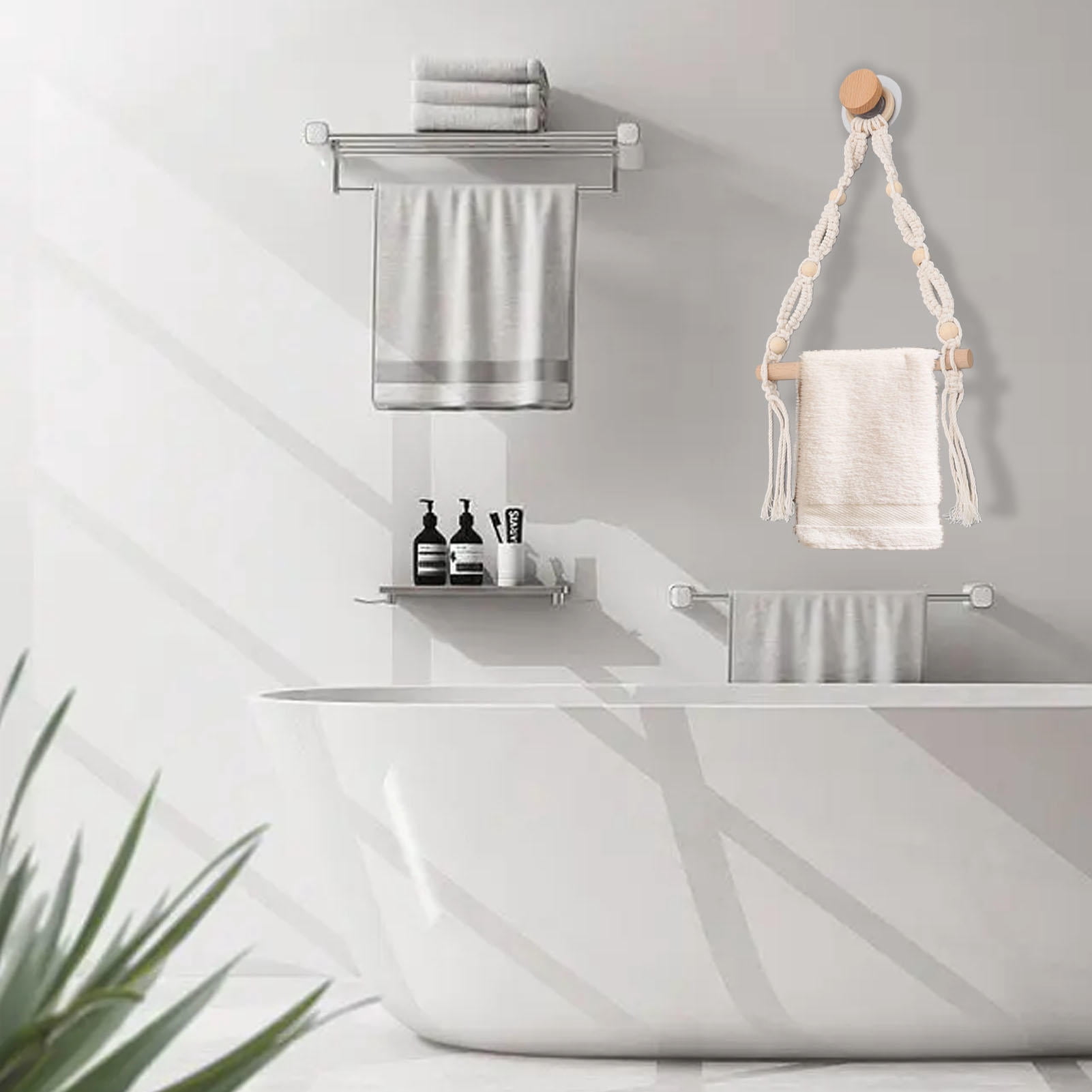 Yajisi European Vintage Rope Towel & Paper Towel Holder, 7.9x2.8in No-Drill Wall Mount, Handcrafted Cotton Rope & Beech Wood for Bathroom Kitchen