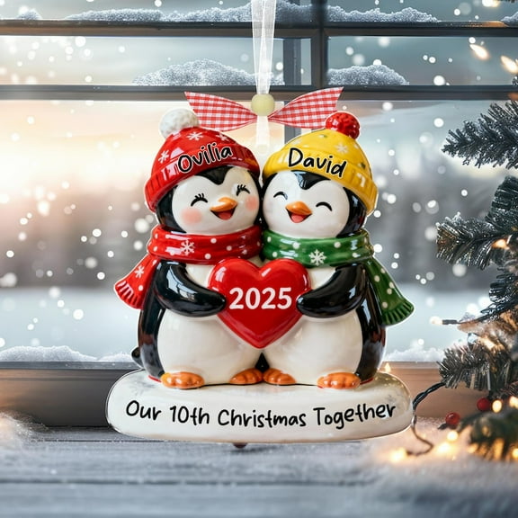 Personalized Penguin Couple Christmas Ornament, Our 10th Christmas Together, Anniversary Keepsake, Growing Old Together Couple Gift