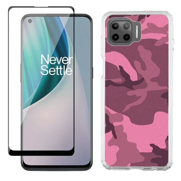 Slim-Fit Protective Phone Case compatible with Motorola Moto One 5G UW, with Tempered Glass Screen Protector, by OneToughShield ® - Camo Pink