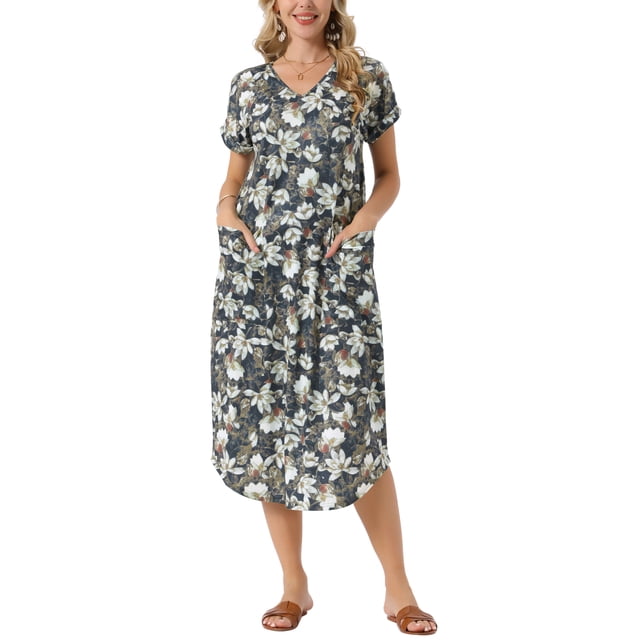 INSPIRE CHIC Vestido midi floral casual de verano para mujer, con cuello en V, manga corta, holgado y con bolsillos, S Gris Verde