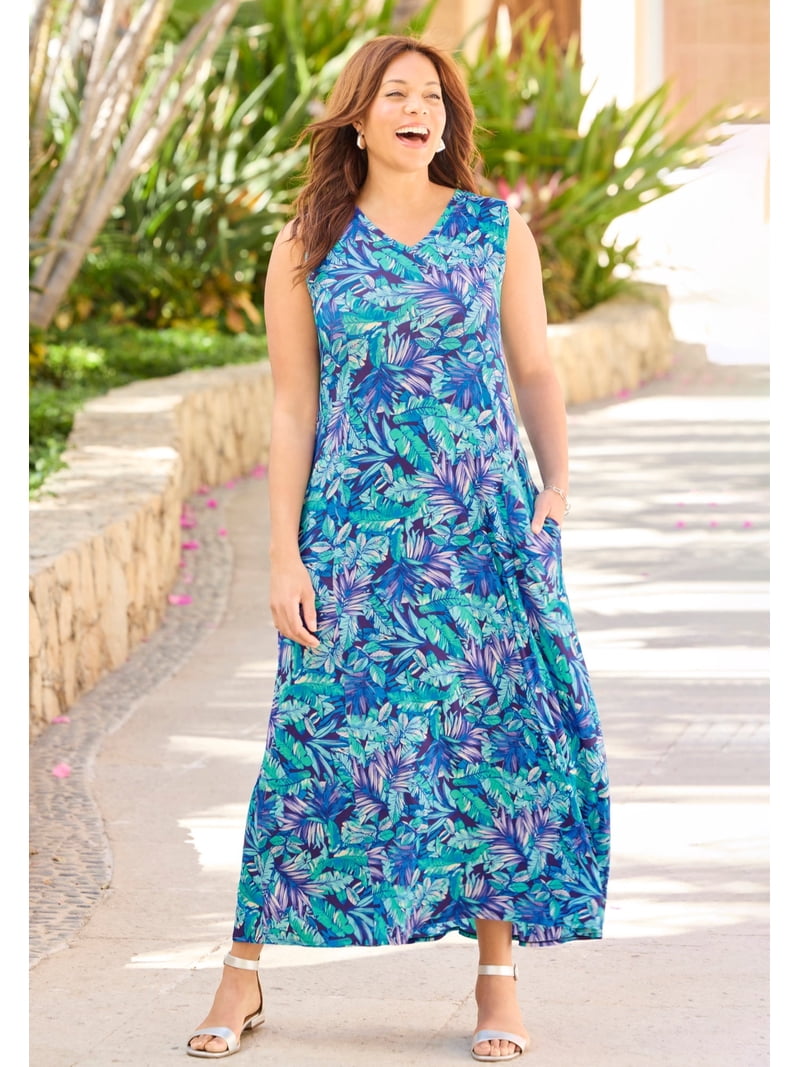 maxi dresses petite plus size Petite Plus Size Women's Morning to Midnight Maxi Dress (With Pockets) by Catherines in Deep Grape Sketched Floral (Size 2XWP)