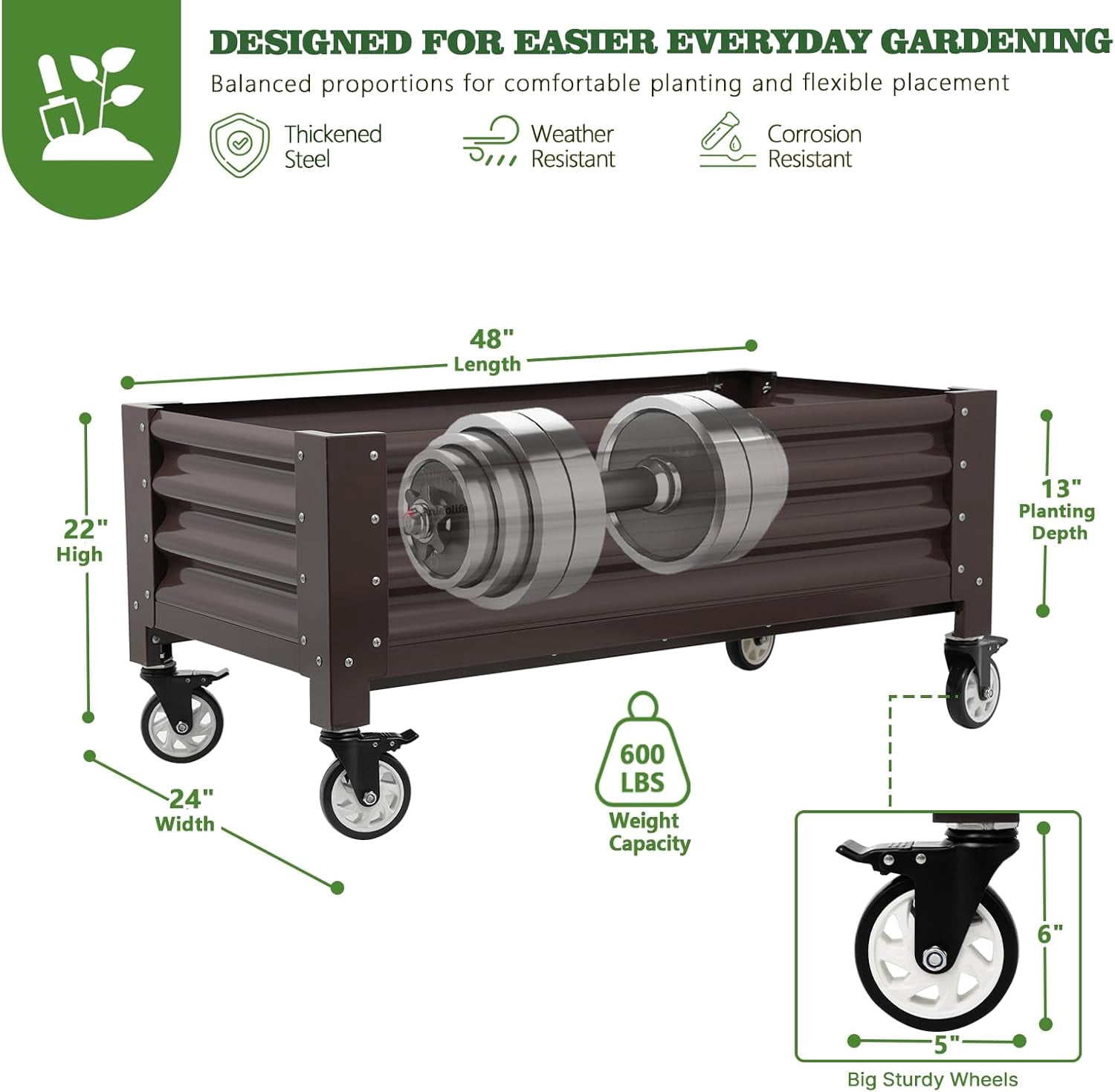 A ANLEOLIFE Low Profile Elevated Garden Bed 4ft x 2ft - 22in Raised Planter Box with Legs with Stainless Steel Casters, Extra Spacious for Balcony, Patio, 600lb Capacity, CaféBronze