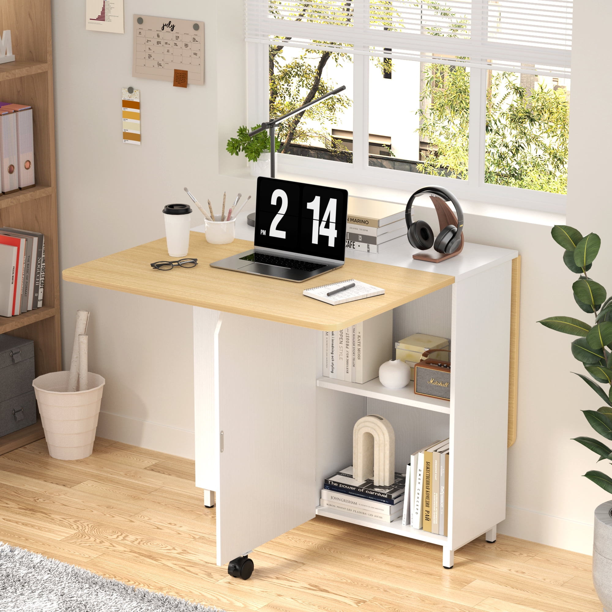 iSunirm Folding Dining Table with Storage, 51.2" Dining Table for 2-4 People, Wooden Dining Table with Under Cabinet, Desktop is Foldable., Portable Dining Table for Home, White & Nature