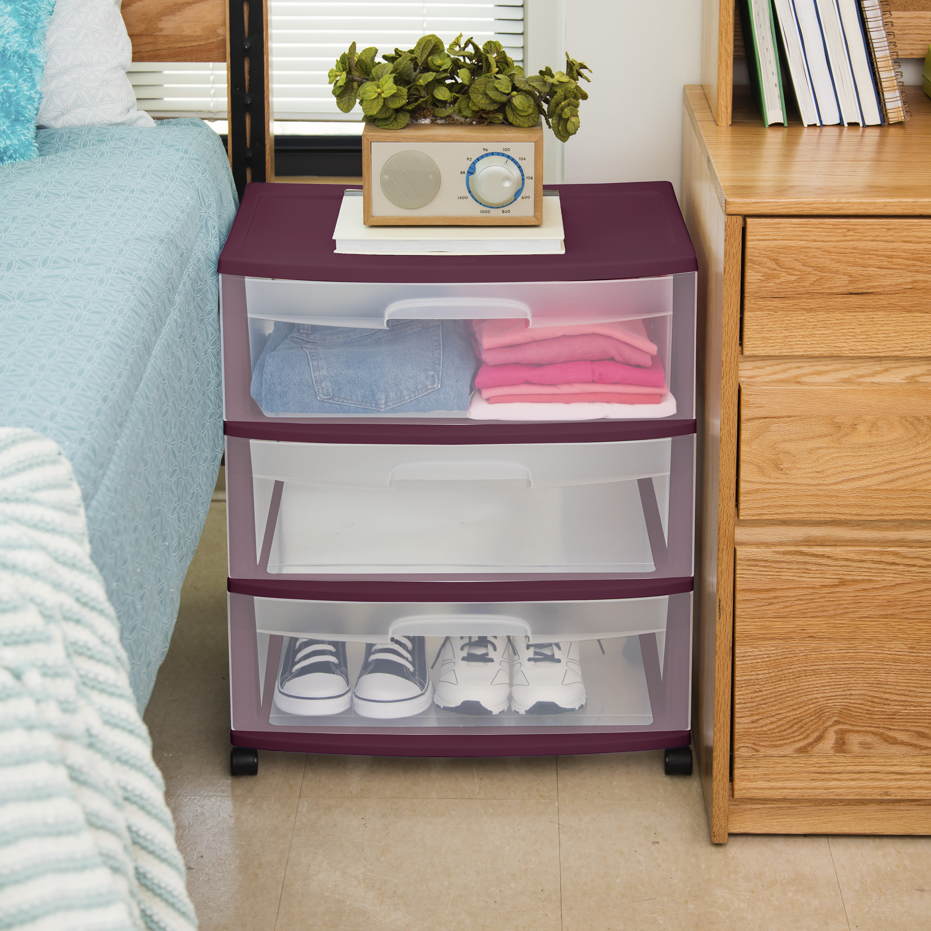 Sterilite Wide 3 Drawer Cart Red Currant with Clear Drawers