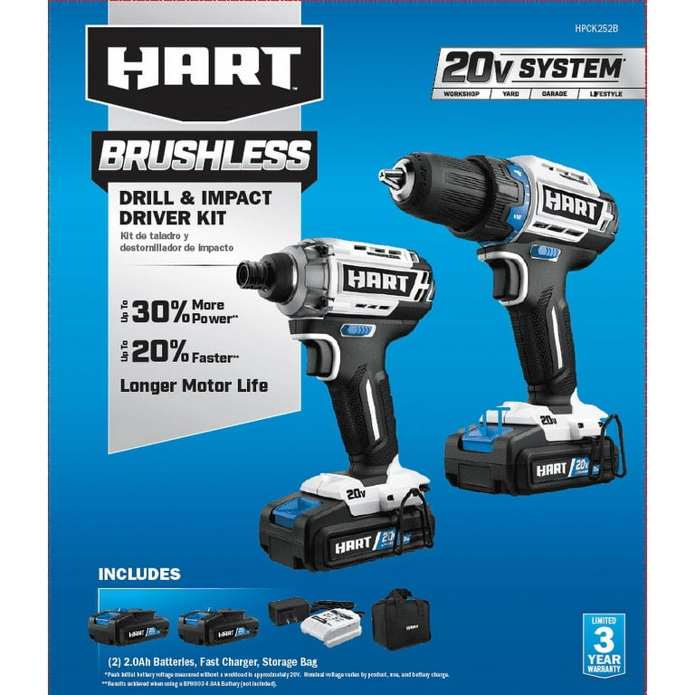 HART 20-Volt Cordless Brushless Drill and Impact Combo Kit with 10-inch Storage Bag, (2) 2.0Ah Lithium-Ion Batteries HART 20-Volt Cordless Brushless Drill and Impact Combo Kit with 10-inch Storage Bag, (2) 2.0Ah Lithium-Ion Batteries