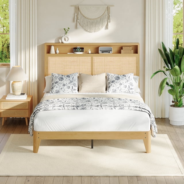 Rattan Bed Frame with LED Lights, Boho Wood Bed Frame with Storage Headboard & Charging Station, Silent Slats, No Box Spring Needed