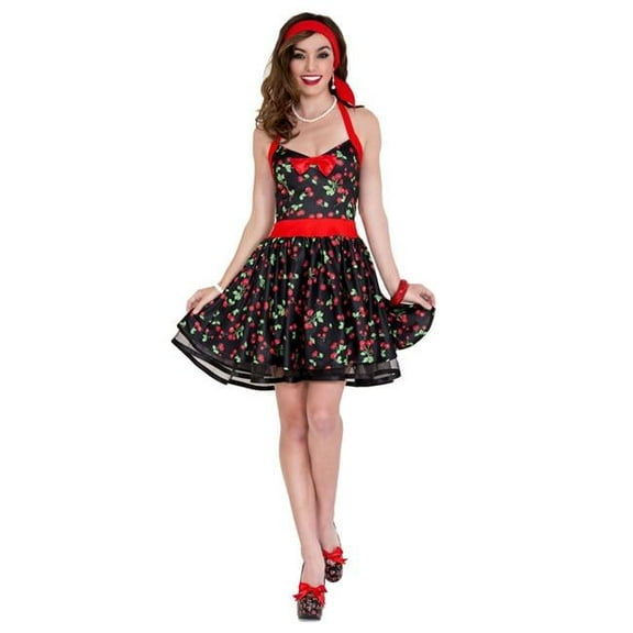 2 Piece Halter Cherry Print Pin Up Dress with Headband - Extra Small