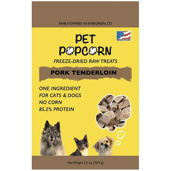 Pet Popcorn: Freeze-Dried Raw Treats - Pork Tenderloin - 2.5oz Bag, Dog & Cat Snacks, Single Ingredient, Natural, Pet Food Topper, Protein‑Packed Meat