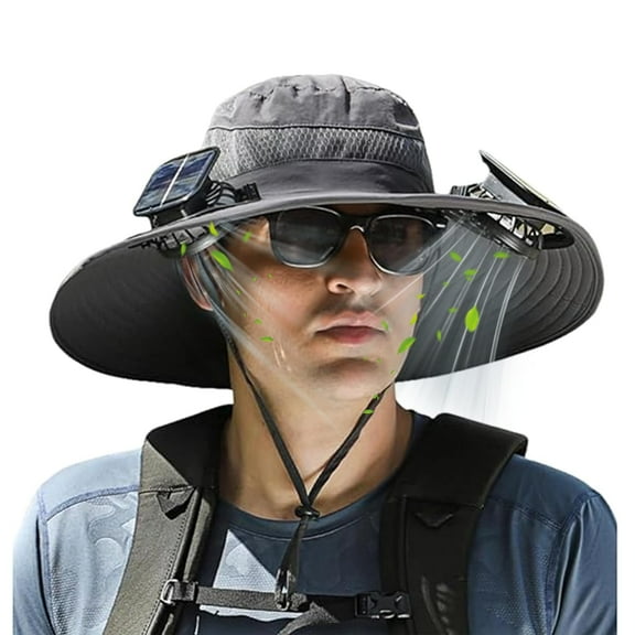 Wide Brim Solar Fan Hat, Outdoor Fishing Hat with 2 Fans Solar Power, Waterproof Outdoor Hiking Camping Fishing Hat Gift for Man Father