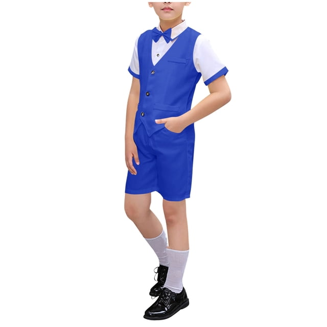 Odeerbi Chicos 4 Pcs Caballero Traje Formal Manga Corta Vestido Camisa + Traje Pantalones Cortos + Chaleco + Corbata Escenario Rendimiento Trajes Conjunto