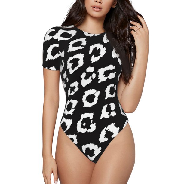 Fotbe Black Leopard Body de Mujer con Cuello Redondo y Mangas Cortas, Sin Mangas Ajustado, Suave, Cómodo y Básico-Small
