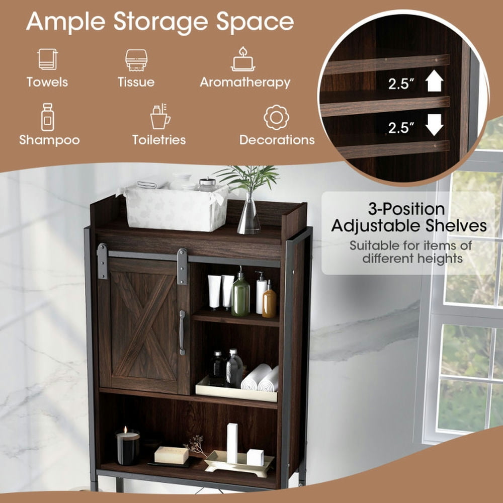 Finihen Toilet Storage Cabinet, Bathroom Cabinet Organizer, 4-Tier Multifunctional Toilet Storage Cabinet with Adjustable Shelf and Sliding Barn Door, for Bathroom, Brown