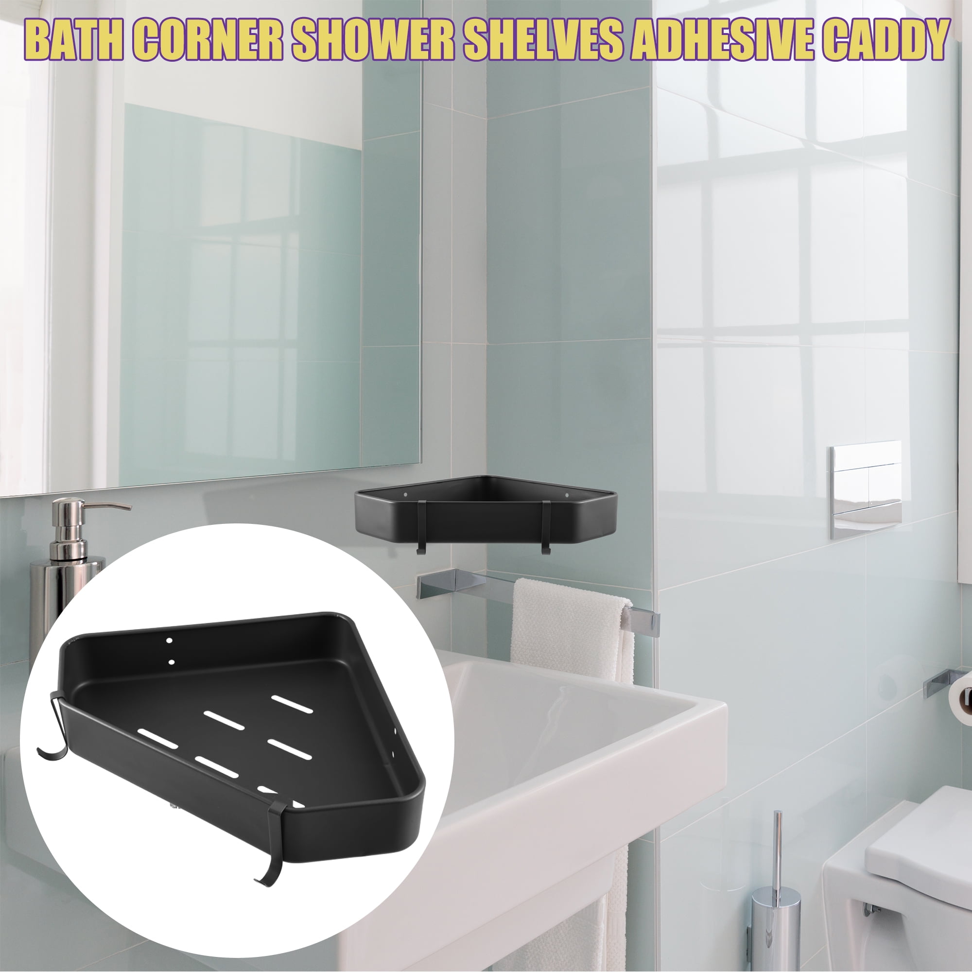 Unique Bargains Bath Corner Shower Shelves Adhesive Caddy With Hooks And  Rod For Bathroom 9.57x9.57x1.97 2 Sets Black : Target