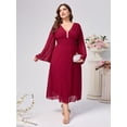 thumbnail image 5 of AURA Plus Size Chiffon Pleated V Neck Long Sleeve Dress 1XL 2XL Elegant A Line Midi Dress, 5 of 8