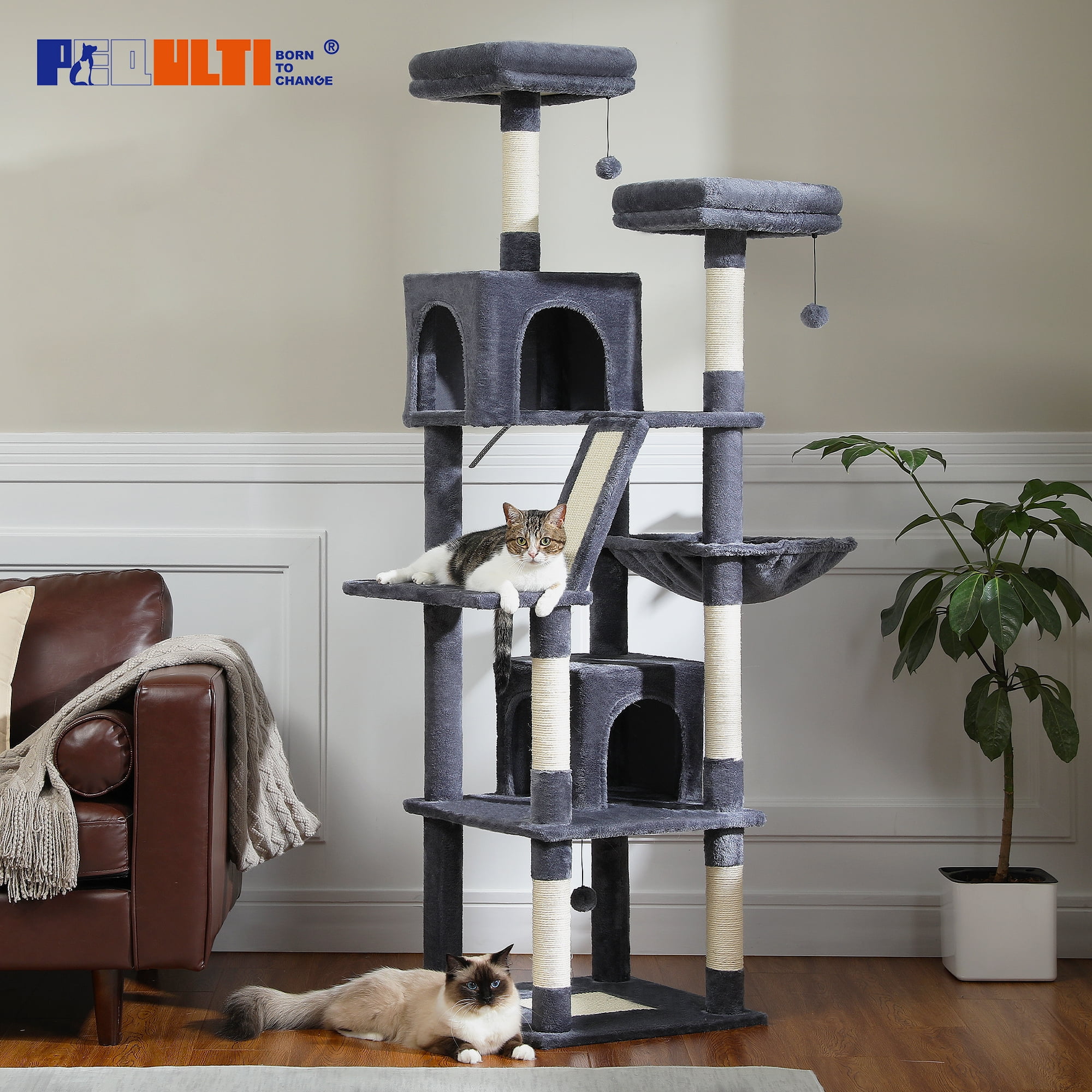 PEQULTI 71 " Large Cat Tree Tower for Cat with Dual Condos and 6 Scratching Posts Indoor Dark Gray