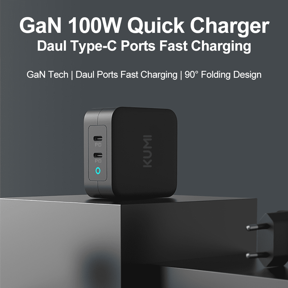 KUMI PowerPort,100W 2-Port USB C Charger GaN,USB C Wall Charger With QC 3.0 Portable Fast Charger for USB C laptops, MacBook Pro/Air, Samsung Galaxy S20, Dell XPS 13, iPhone 13 12, iPad Pro