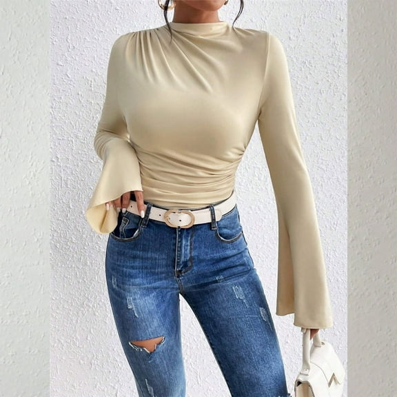 Womens Summer Tops Long Sleeve Shirts 2025 Fall Going Out Tops Casual Boat Neck Bell Sleeve Ribbed Ruched Y2K Clothes Shirts for Women