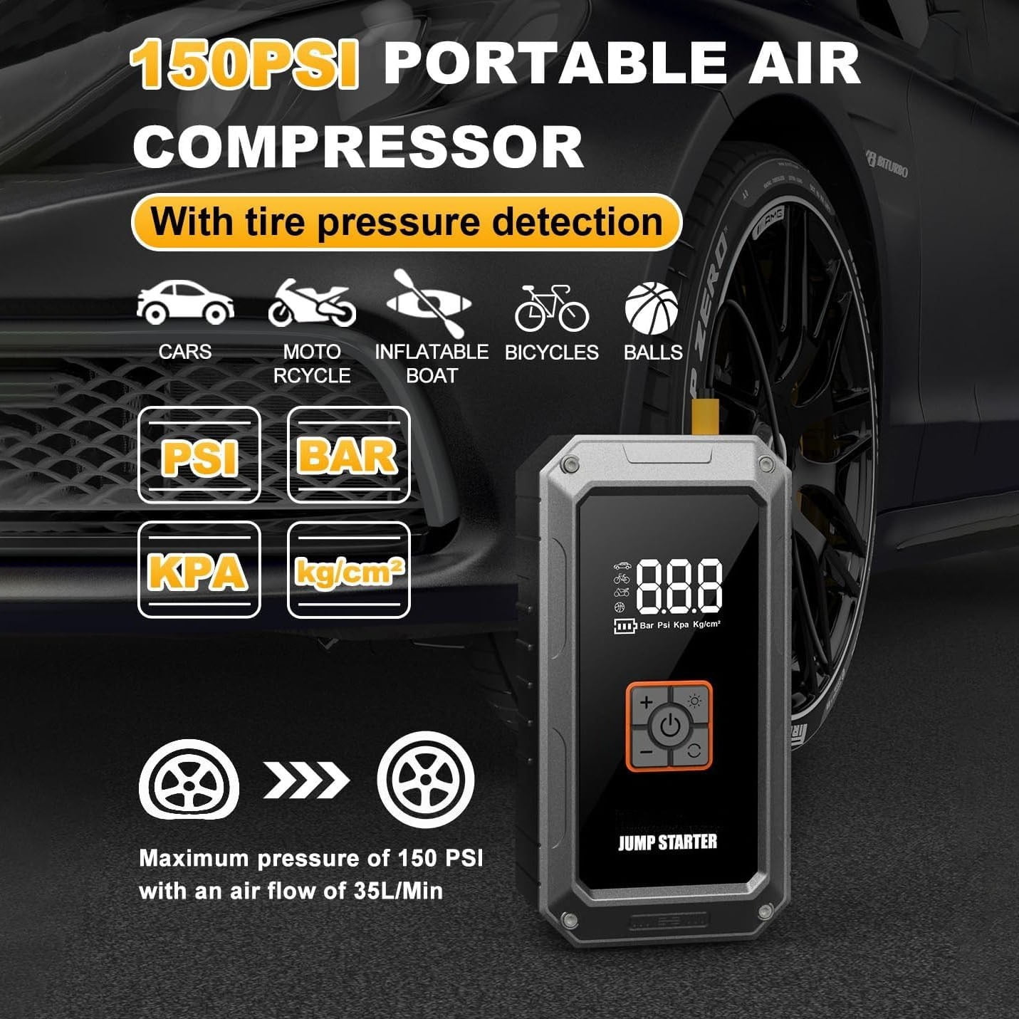 Oandys 4500A Car Jump Starter with 150PSI Air Compressor, 12V Portable Battery Booster Pack for 9.0L Gas/8.0L Diesel Engines, with LED Display, Emergency LED Light & Power Bank Function
