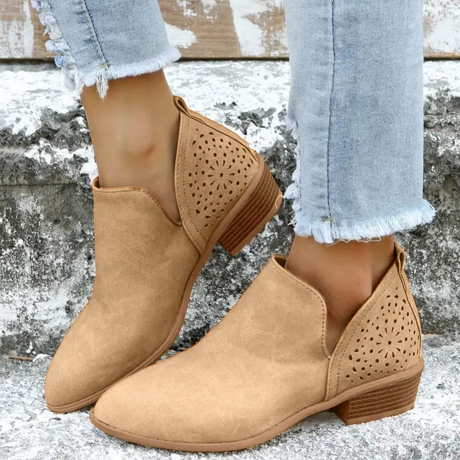 Dakaela Ankle Boots for Women Casual Slip on Loafers Chunky Low Heel Dress Shoes Cut out Work Booties