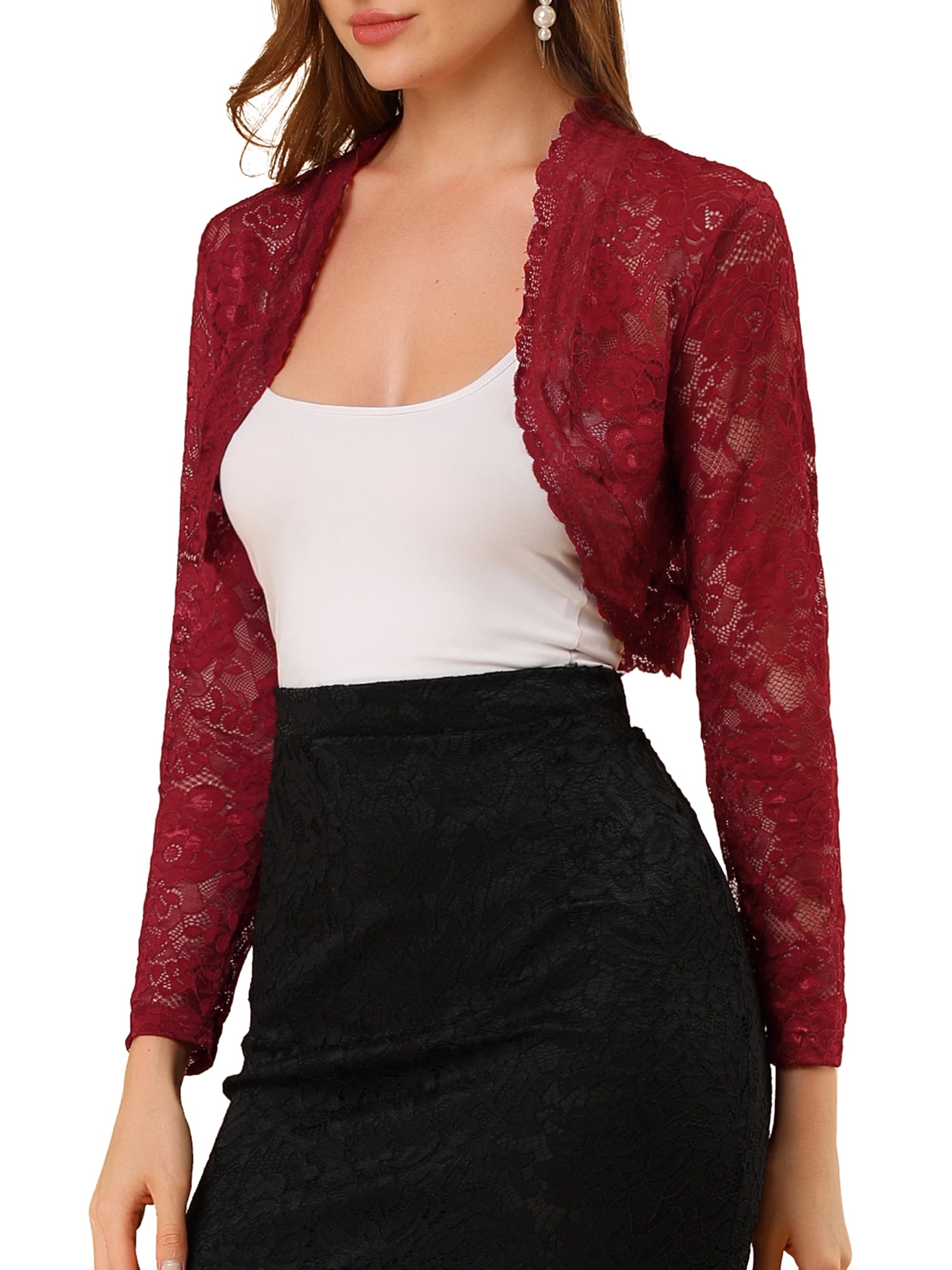 DARING DIVA Women's Lace Bolero Shrugs Sheer Crop Cardigan M Dark Red