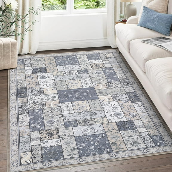 Geetinfly 8*10FT Area Rugs 8*10 Rug Washable Large Area Rug for Living Room Bedroom Rug Non Slip SoFT Area Rugs Patchwork Grey Rug Indoor Farmhouse Decor Floor Carpet Rug Gray-brown tone