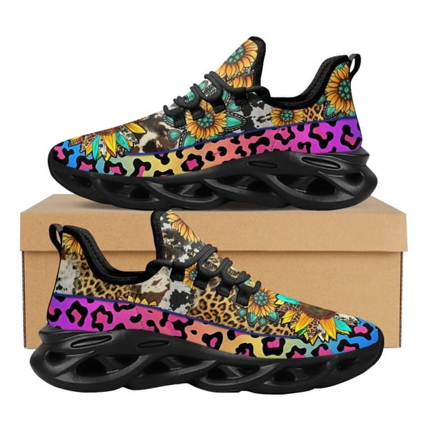 Zapatillas de deporte con plataforma y amortiguación de aire transpirables para mujer, diseño de leopardo y girasol, de malla, con cordones Peace and Love