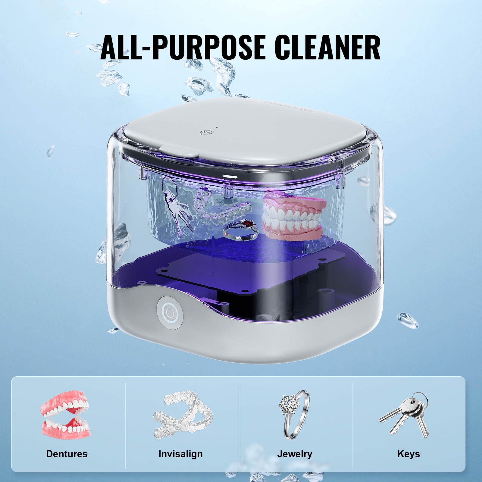 KFFKFF Sonic Wash Device, 200ML Capacity for Dental Care, UV Sanitization, 30W Power for Cleaning Dentures, Aligners, Braces, Mouthpieces, Toothbrush and Shaver Attachments, Jewelry