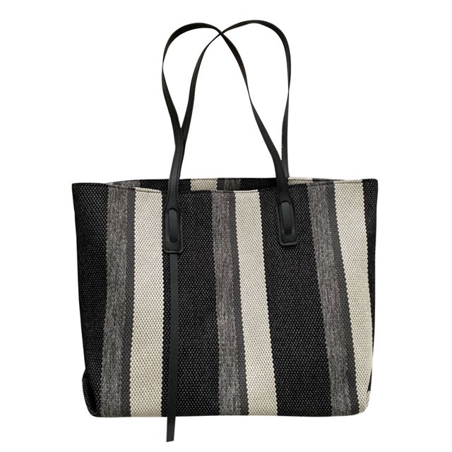 Bolso de mano para mujer, tela de lona a rayas, asa de PU, gran capacidad con cremallera MABOTO Negro