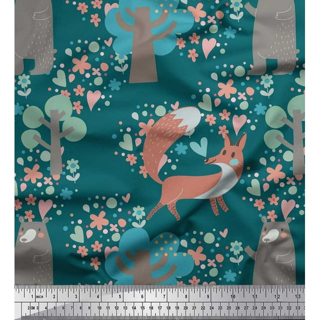 Soimoi Poly Crepe Fabric Tree,Fox & Bear Kids Print Sewing Fabric Yard 42 Inch Wide