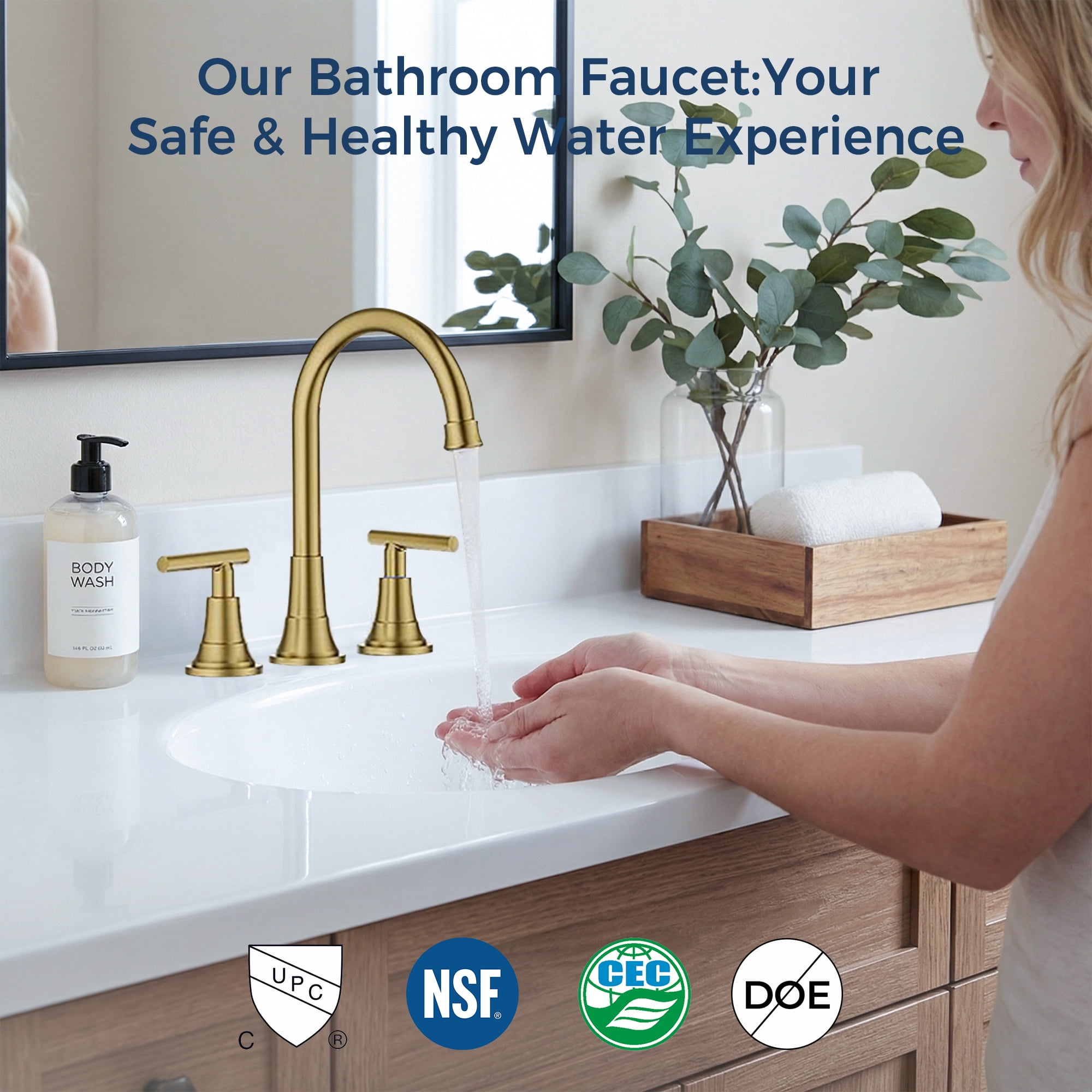 TVOFEK 8 inch Widespread Bathroom Sink Faucet 3 Hole with Pop up Drain and cUPC Hose, 2 Handle Brushed Gold Vanity Faucet with 360° Spout for Restroom, RV, Bar