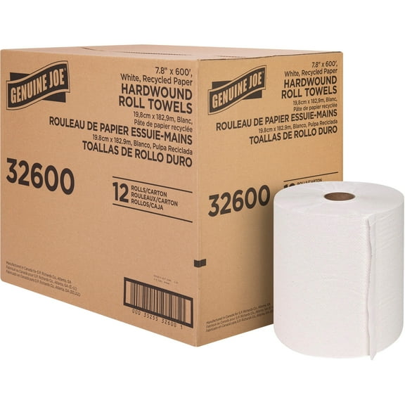 Genuine Joe Hardwound Roll Paper Towels - 12" X 600 Ft - White - Paper - Absorbent - For Restroom - 1 / Carton