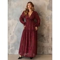 thumbnail image 6 of Burgundy Elegant Jacquard V-Neck Ruched Maxi Dress With Lantern Sleeves, 6 of 8