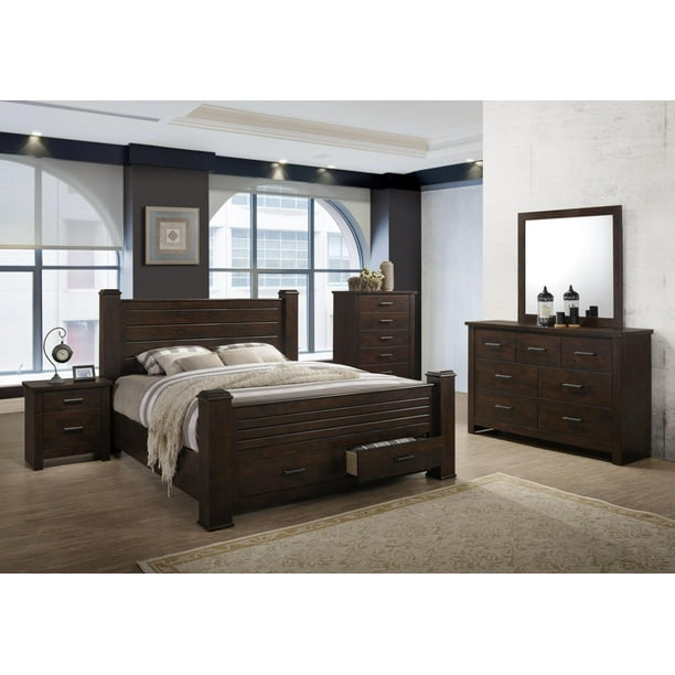 Dark Brown Modern 4pc Bed Set Queen Size Storage Drawers Dresser Mirror Nightstand Bedroom Furniture Walmart Com Walmart Com