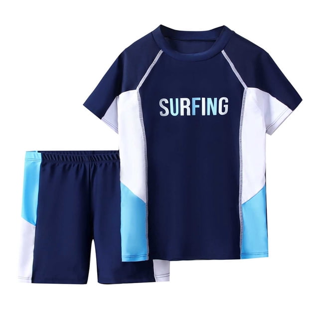 QUOTAY Boys Bathing Suit Solid Color 2 Piece Set with Letter Print Short Sleeve Rash Guard and Athletic Swim Trunks for Beach Ages 7-12 Boys Swim Set Blue_007,9Y