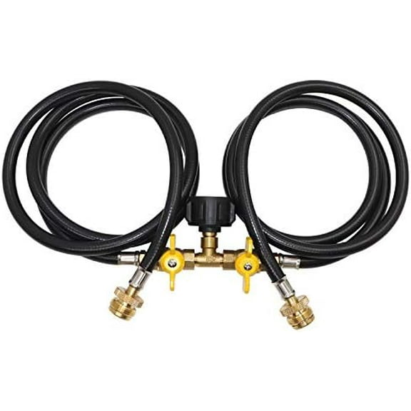 5ft Propane 2 Way Splitter Adapter Hose 1 lb to 20 lb Converter with Shut Off Valve, Propane Hose Adapter 1lb Portable Appliance to QCC1/Type1 5-40lb Tank for Camping Stove,Gas Grill, Portable Heater
